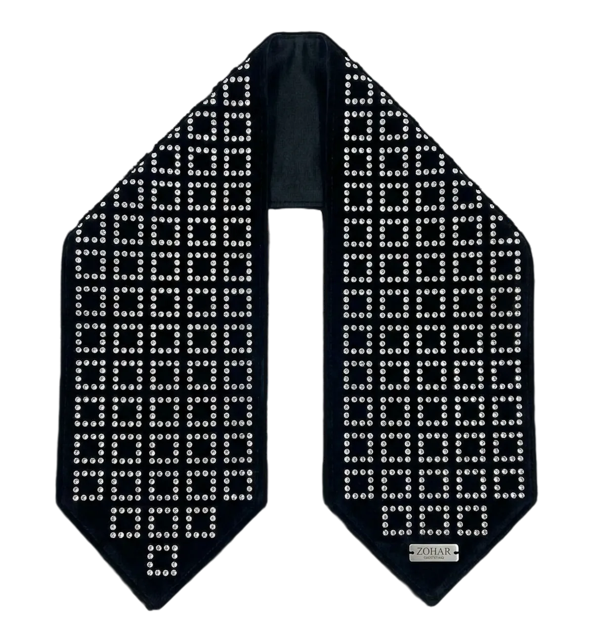 A black velvet ZOHAR atarah with outlined squares of clear crystals