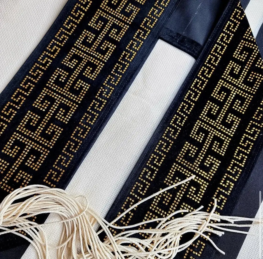 Gold crystal Greek key on black velvet